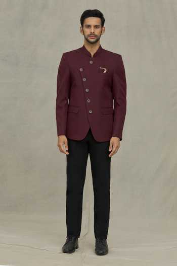 Shop Arihant Rai Sinha Maroon Terrycloth Full Sleeve Plain Bandhgala Online at Aza Fashions Shop_Arihant Rai Sinha_Maroon Terrycloth Full Sleeve Plain Bandhgala _Online_at_Aza_Fashions