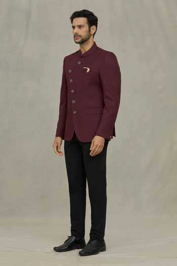 Arihant Rai Sinha Maroon Terrycloth Full Sleeve Plain Bandhgala at Aza Fashions Arihant Rai Sinha_Maroon Terrycloth Full Sleeve Plain Bandhgala _at_Aza_Fashions