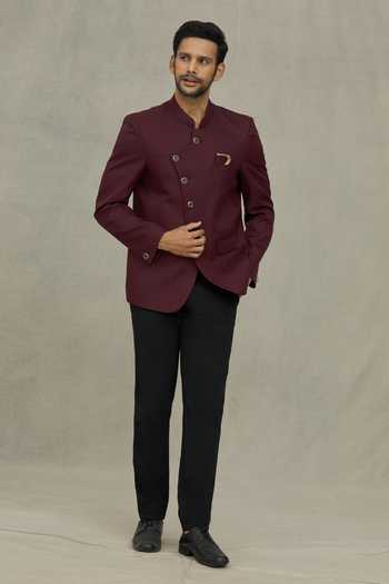 Buy Arihant Rai Sinha Maroon Terrycloth Full Sleeve Plain Bandhgala Buy_Arihant Rai Sinha_Maroon Terrycloth Full Sleeve Plain Bandhgala