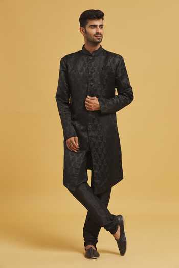 Buy Arihant Rai Sinha Black Silk, Jacquard Embroidery Paisley Pattern Woven Sherwani With Churidar Buy_Arihant Rai Sinha_Black Silk, Jacquard Embroidery Paisley Pattern Woven Sherwani With Churidar