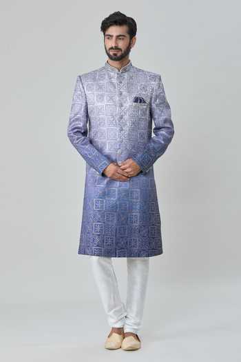 Buy Arihant Rai Sinha Blue Silk, Faux Leather, Cotton Embroidery Flower Tile Sherwani With Churidar Buy_Arihant Rai Sinha_Blue Silk, Faux Leather, Cotton Embroidery Flower Tile Sherwani With Churidar