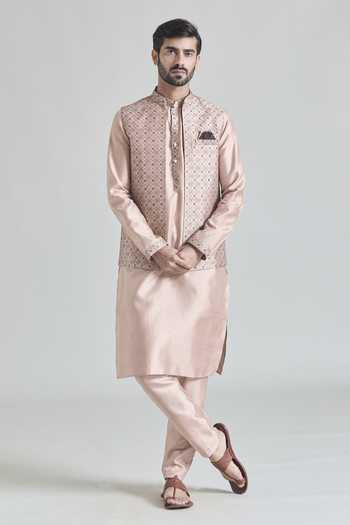 Arihant Rai Sinha Beige Silk Embroidery Geometric Jaal Bundi Set Online at Aza Fashions Arihant Rai Sinha_Beige Silk Embroidery Geometric Jaal Bundi Set _Online_at_Aza_Fashions