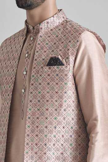 Buy Arihant Rai Sinha Beige Silk Embroidery Geometric Jaal Bundi Set Buy_Arihant Rai Sinha_Beige Silk Embroidery Geometric Jaal Bundi Set