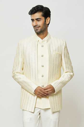 Buy Arihant Rai Sinha Cream Silk Sequins Thread Work Full Sleeve Jodhpuri With Short Kurta at Aza Fashions Buy_Arihant Rai Sinha_Cream Silk Sequins Thread Work Full Sleeve Jodhpuri With Short Kurta _at_Aza_Fashions