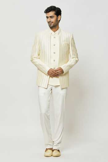 Shop Arihant Rai Sinha Cream Silk Sequins Thread Work Full Sleeve Jodhpuri With Short Kurta Shop_Arihant Rai Sinha_Cream Silk Sequins Thread Work Full Sleeve Jodhpuri With Short Kurta
