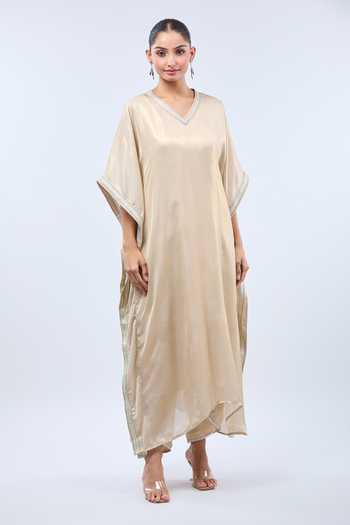 Buy Samyukta Singhania Cream Georgette Lace V-neck Work Shimmer Kaftan Set Online at Aza Fashions Buy_Samyukta Singhania_Cream Georgette Lace V-neck Work Shimmer Kaftan Set _Online_at_Aza_Fashions