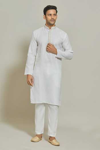 Buy Arihant Rai Sinha Off White Linen, Cotton, Silk Embroidery Plain Kurta And Aligadi Pant Set Buy_Arihant Rai Sinha_Off White Linen, Cotton, Silk Embroidery Plain Kurta And Aligadi Pant Set