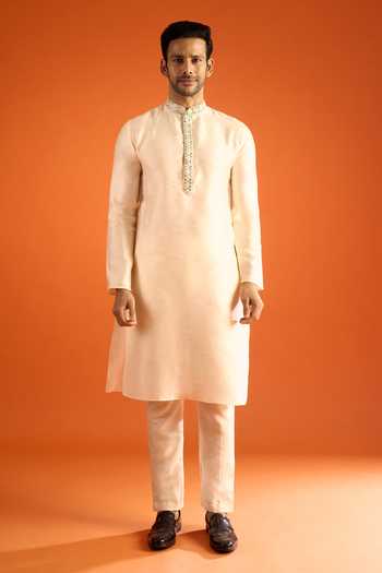 Shop_Arihant Rai Sinha_Cream Silk Embroidery Contrast Bundi And Kurta Set _Online_at_Aza_Fashions