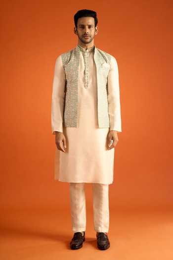 Arihant Rai Sinha_Cream Silk Embroidery Contrast Bundi And Kurta Set _at_Aza_Fashions
