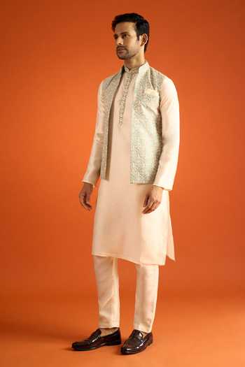 Buy_Arihant Rai Sinha_Cream Silk Embroidery Contrast Bundi And Kurta Set 