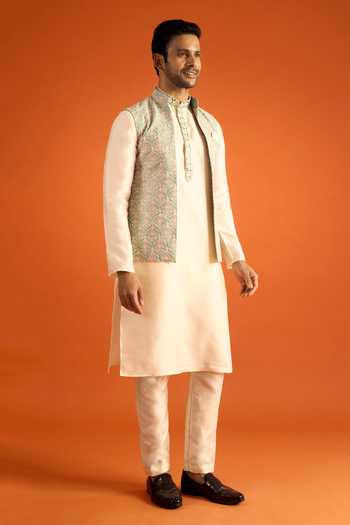Shop_Arihant Rai Sinha_Cream Silk Embroidery Contrast Bundi And Kurta Set 