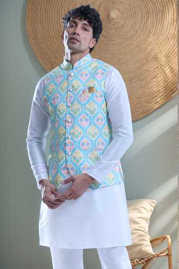 Arihant Rai Sinha_Blue Cotton Hexagon Print Nehru Jacket _Online_at_Aza_Fashions