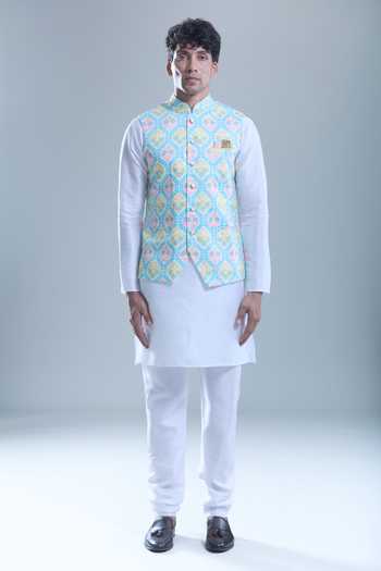 Buy_Arihant Rai Sinha_Blue Cotton Hexagon Print Nehru Jacket _Online_at_Aza_Fashions