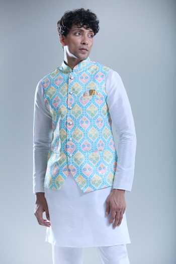 Shop_Arihant Rai Sinha_Blue Cotton Hexagon Print Nehru Jacket _Online_at_Aza_Fashions