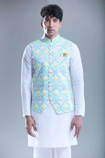 Arihant Rai Sinha_Blue Cotton Hexagon Print Nehru Jacket _at_Aza_Fashions