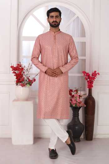 Shop_Arihant Rai Sinha_Peach Silk Embroidery Kurta Set With Aligadhi Pant 
