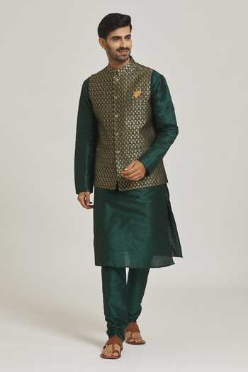 Shop_Arihant Rai Sinha_Green Jacquard, Silk Embroidery Bloom Motif Bundi And Kurta Set 