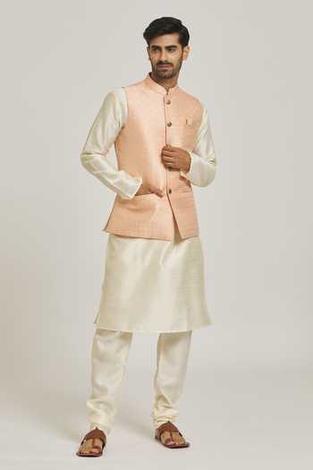Buy Arihant Rai Sinha Peach Jacquard, Silk Embroidery Floral Bundi And Cream Kurta Set Buy_Arihant Rai Sinha_Peach Jacquard, Silk Embroidery Floral Bundi And Cream Kurta Set