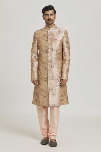 Buy Arihant Rai Sinha Peach Silk, Chanderi Embroidery On Floral Print Sherwani With Churidar Online at Aza Fashions Buy_Arihant Rai Sinha_Peach Silk, Chanderi Embroidery On Floral Print Sherwani With Churidar _Online_at_Aza_Fashions