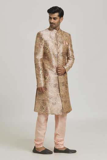 Shop Arihant Rai Sinha Peach Silk, Chanderi Embroidery On Floral Print Sherwani With Churidar Online at Aza Fashions Shop_Arihant Rai Sinha_Peach Silk, Chanderi Embroidery On Floral Print Sherwani With Churidar _Online_at_Aza_Fashions