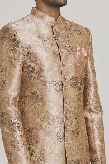 Arihant Rai Sinha Peach Silk, Chanderi Embroidery On Floral Print Sherwani With Churidar at Aza Fashions Arihant Rai Sinha_Peach Silk, Chanderi Embroidery On Floral Print Sherwani With Churidar _at_Aza_Fashions