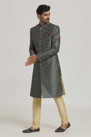 Shop Arihant Rai Sinha Green Silk, Chiffon Embroidery Floral Mughal Print Sherwani With Churidar Online at Aza Fashions Shop_Arihant Rai Sinha_Green Silk, Chiffon Embroidery Floral Mughal Print Sherwani With Churidar _Online_at_Aza_Fashions