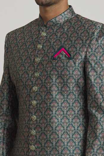 Arihant Rai Sinha Green Silk, Chiffon Embroidery Floral Mughal Print Sherwani With Churidar at Aza Fashions Arihant Rai Sinha_Green Silk, Chiffon Embroidery Floral Mughal Print Sherwani With Churidar _at_Aza_Fashions