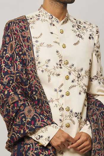 Arihant Rai Sinha Ivory Silk, Cotton, Chiffon Crystals, Jaal Embroidered Sherwani With Churidar Online at Aza Fashions Arihant Rai Sinha_Ivory Silk, Cotton, Chiffon Crystals, Jaal Embroidered Sherwani With Churidar _Online_at_Aza_Fashions