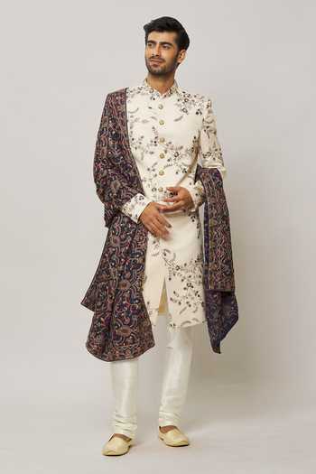 Buy Arihant Rai Sinha Ivory Silk, Cotton, Chiffon Crystals, Jaal Embroidered Sherwani With Churidar Online at Aza Fashions Buy_Arihant Rai Sinha_Ivory Silk, Cotton, Chiffon Crystals, Jaal Embroidered Sherwani With Churidar _Online_at_Aza_Fashions