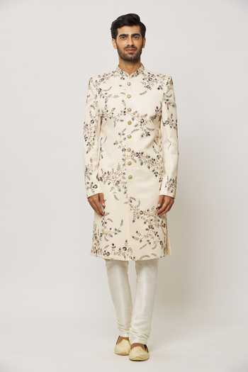 Arihant Rai Sinha Ivory Silk, Cotton, Chiffon Crystals, Jaal Embroidered Sherwani With Churidar at Aza Fashions Arihant Rai Sinha_Ivory Silk, Cotton, Chiffon Crystals, Jaal Embroidered Sherwani With Churidar _at_Aza_Fashions