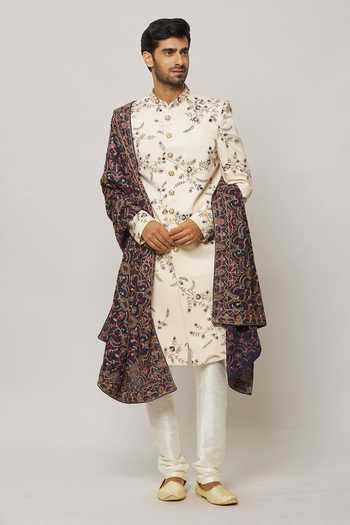 Buy Arihant Rai Sinha Ivory Silk, Cotton, Chiffon Crystals, Jaal Embroidered Sherwani With Churidar Buy_Arihant Rai Sinha_Ivory Silk, Cotton, Chiffon Crystals, Jaal Embroidered Sherwani With Churidar