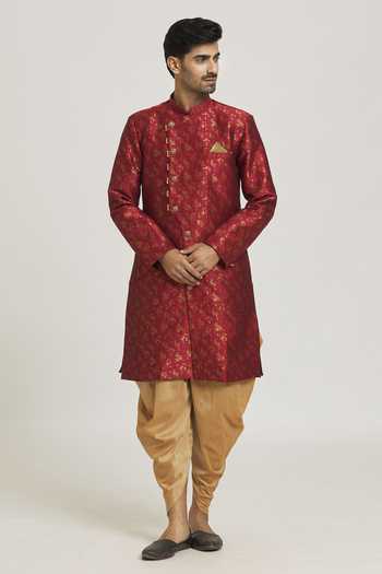 Shop Arihant Rai Sinha Maroon Brocade, Silk Embroidery Woven Floral Bloom Sherwani With Pant Online at Aza Fashions Shop_Arihant Rai Sinha_Maroon Brocade, Silk Embroidery Woven Floral Bloom Sherwani With Pant _Online_at_Aza_Fashions