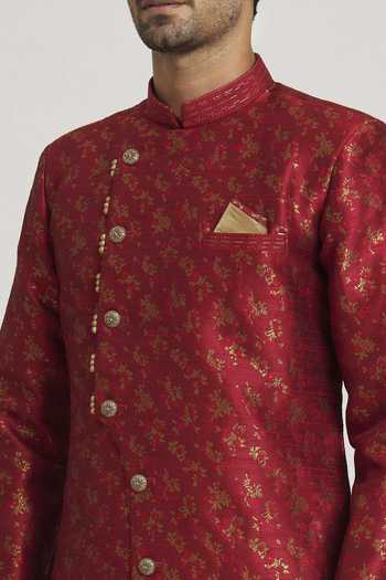 Arihant Rai Sinha Maroon Brocade, Silk Embroidery Woven Floral Bloom Sherwani With Pant at Aza Fashions Arihant Rai Sinha_Maroon Brocade, Silk Embroidery Woven Floral Bloom Sherwani With Pant _at_Aza_Fashions