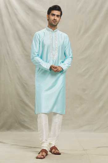 Shop Arihant Rai Sinha Blue , Satin Mirrors Bloom Embroidered Placket Kurta Set Online at Aza Fashions Shop_Arihant Rai Sinha_Blue , Satin Mirrors Bloom Embroidered Placket Kurta Set _Online_at_Aza_Fashions