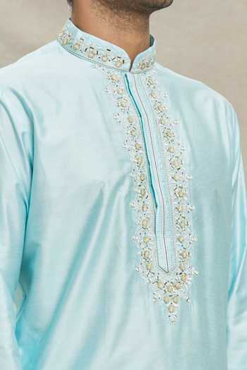 Arihant Rai Sinha Blue , Satin Mirrors Bloom Embroidered Placket Kurta Set at Aza Fashions Arihant Rai Sinha_Blue , Satin Mirrors Bloom Embroidered Placket Kurta Set _at_Aza_Fashions