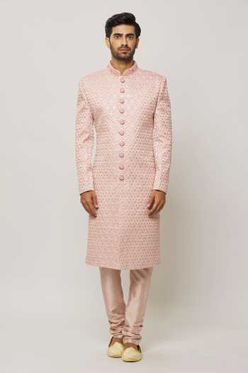 Buy_Arihant Rai Sinha_Pink Silk, Chanderi Sequins Embellished Sherwani With Churidar _Online_at_Aza_Fashions