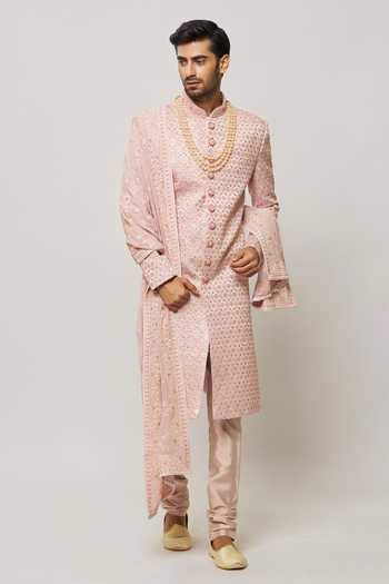 Shop_Arihant Rai Sinha_Pink Silk, Chanderi Sequins Embellished Sherwani With Churidar _Online_at_Aza_Fashions