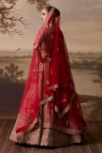 Shop ANGAD SINGH Red Silk V-neck Jhelum Raw Bridal Lehenga Set at Aza Fashions Shop_ANGAD SINGH_Red Silk V-neck Jhelum Raw Bridal Lehenga Set _at_Aza_Fashions