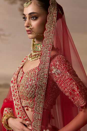 Shop ANGAD SINGH Red Silk V-neck Jhelum Raw Bridal Lehenga Set Online at Aza Fashions Shop_ANGAD SINGH_Red Silk V-neck Jhelum Raw Bridal Lehenga Set _Online_at_Aza_Fashions