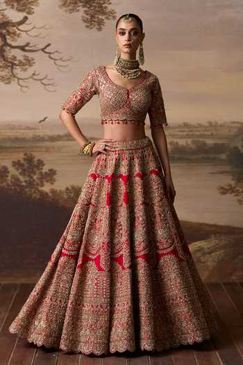 ANGAD SINGH Red Silk V-neck Jhelum Raw Bridal Lehenga Set at Aza Fashions ANGAD SINGH_Red Silk V-neck Jhelum Raw Bridal Lehenga Set _at_Aza_Fashions