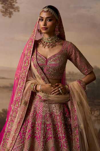 Buy ANGAD SINGH Pink Silk Sweetheart Neck Sehaj Paisley Embroidered Bridal Lehenga Set Buy_ANGAD SINGH_Pink Silk Sweetheart Neck Sehaj Paisley Embroidered Bridal Lehenga Set
