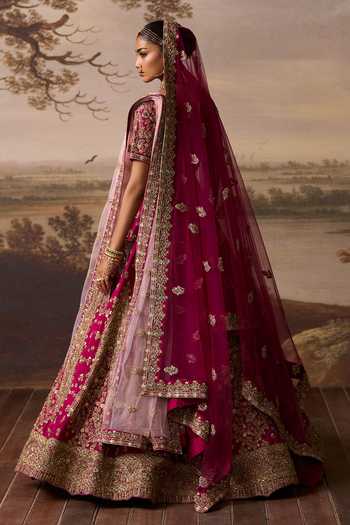 Shop ANGAD SINGH Red Silk Leaf Neck Lehar Raw Bridal Lehenga Set at Aza Fashions Shop_ANGAD SINGH_Red Silk Leaf Neck Lehar Raw Bridal Lehenga Set _at_Aza_Fashions