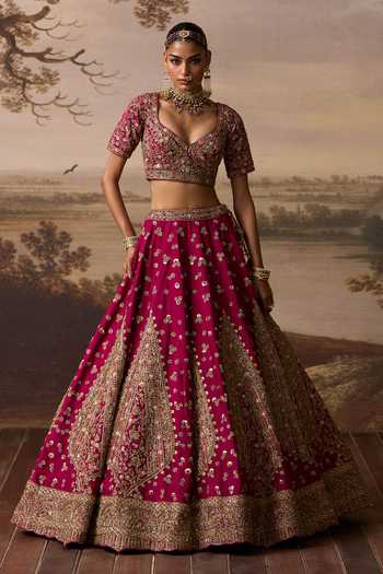 Buy ANGAD SINGH Red Silk Leaf Neck Lehar Raw Bridal Lehenga Set Buy_ANGAD SINGH_Red Silk Leaf Neck Lehar Raw Bridal Lehenga Set