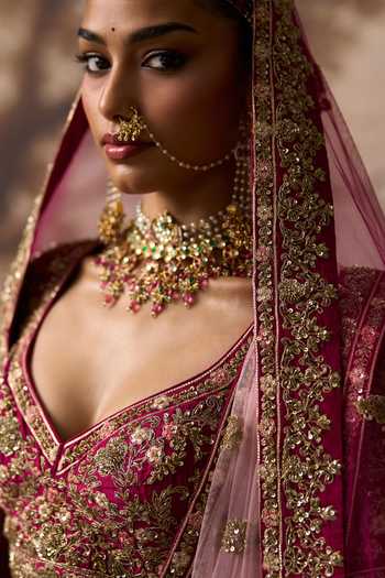 Shop ANGAD SINGH Red Silk Leaf Neck Lehar Raw Bridal Lehenga Set Shop_ANGAD SINGH_Red Silk Leaf Neck Lehar Raw Bridal Lehenga Set