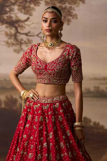 Buy ANGAD SINGH Red Silk V-neck Darshan Raw Bridal Lehenga Set Online at Aza Fashions Buy_ANGAD SINGH_Red Silk V-neck Darshan Raw Bridal Lehenga Set _Online_at_Aza_Fashions