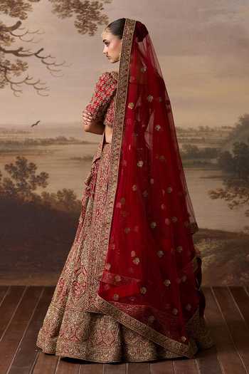 Shop ANGAD SINGH Red Silk Deep Neck Amrit Embroidered Bridal Lehenga Set at Aza Fashions Shop_ANGAD SINGH_Red Silk Deep Neck Amrit Embroidered Bridal Lehenga Set _at_Aza_Fashions