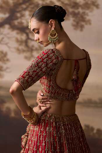 Buy ANGAD SINGH Red Silk Deep Neck Amrit Embroidered Bridal Lehenga Set Online at Aza Fashions Buy_ANGAD SINGH_Red Silk Deep Neck Amrit Embroidered Bridal Lehenga Set _Online_at_Aza_Fashions