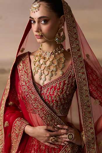 Shop ANGAD SINGH Red Silk Deep Neck Amrit Embroidered Bridal Lehenga Set Online at Aza Fashions Shop_ANGAD SINGH_Red Silk Deep Neck Amrit Embroidered Bridal Lehenga Set _Online_at_Aza_Fashions