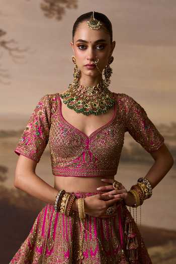 Shop ANGAD SINGH Pink Silk Sweetheart Neck Mauj Raw Bridal Lehenga Set Online at Aza Fashions Shop_ANGAD SINGH_Pink Silk Sweetheart Neck Mauj Raw Bridal Lehenga Set _Online_at_Aza_Fashions