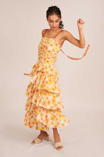 9899_Orange Cotton Square Neck Layered Floral Print Dress _Online_at_Aza_Fashions